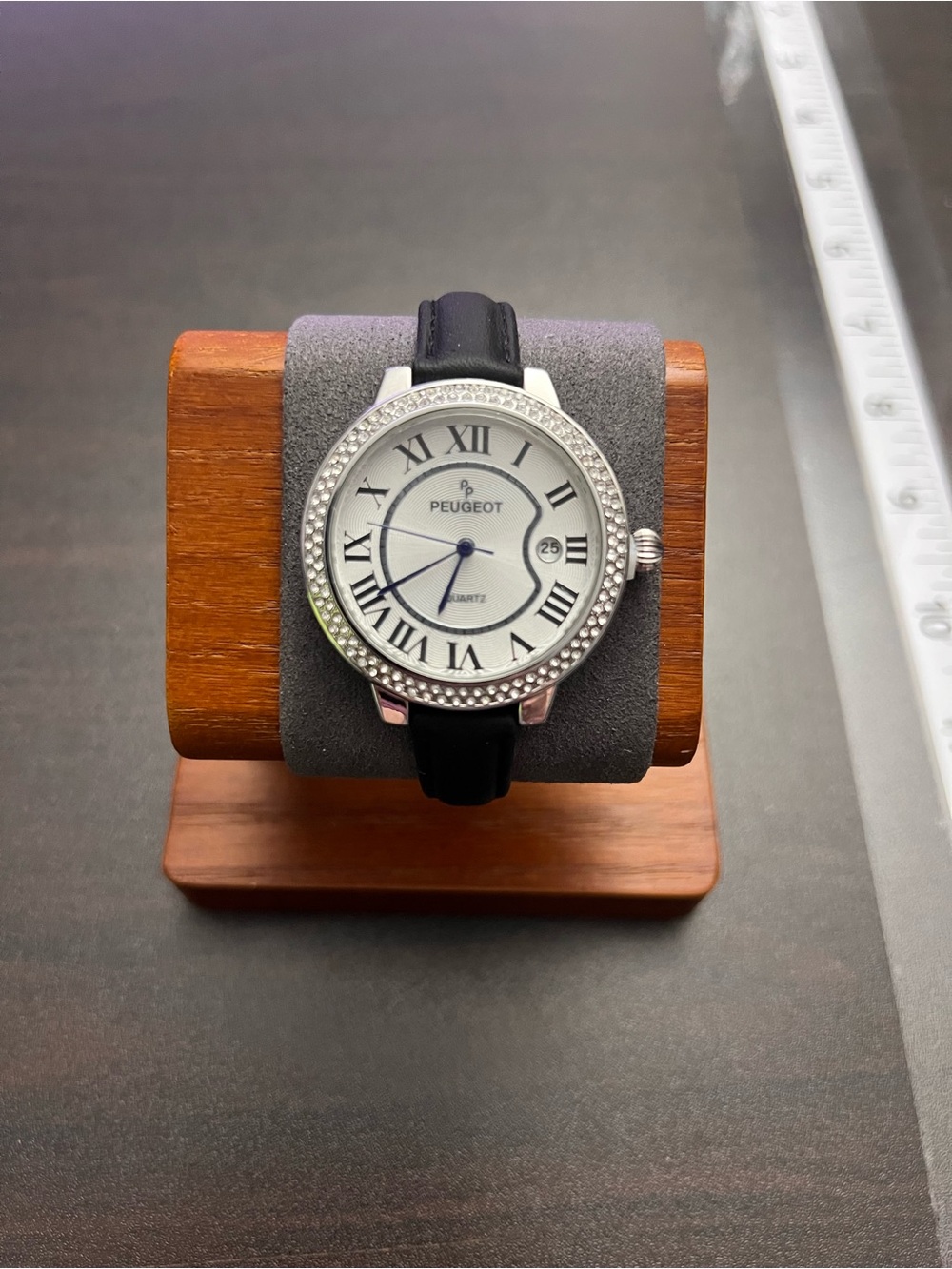 Peugeot Silver Crystal Bezel Watch with Black Strap